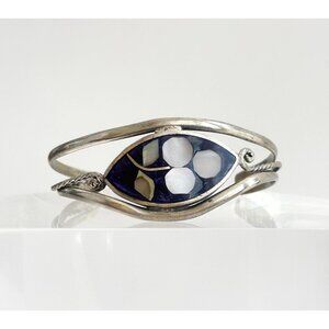 Alpaca Mexican Silver Plated Floral Abalone Inlaid Star Vintage Cuff Bracelet